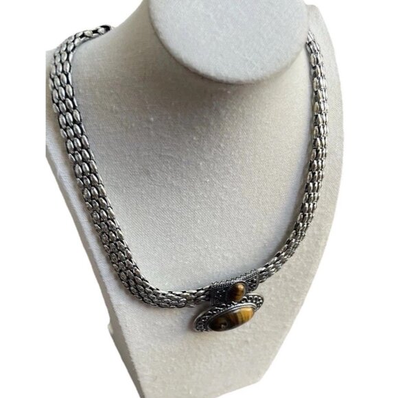 Vintage Tiger's Eye Silver Tone Women’s Necklace Chain 2 Pendants Elegant Sz 22” - Picture 6 of 14